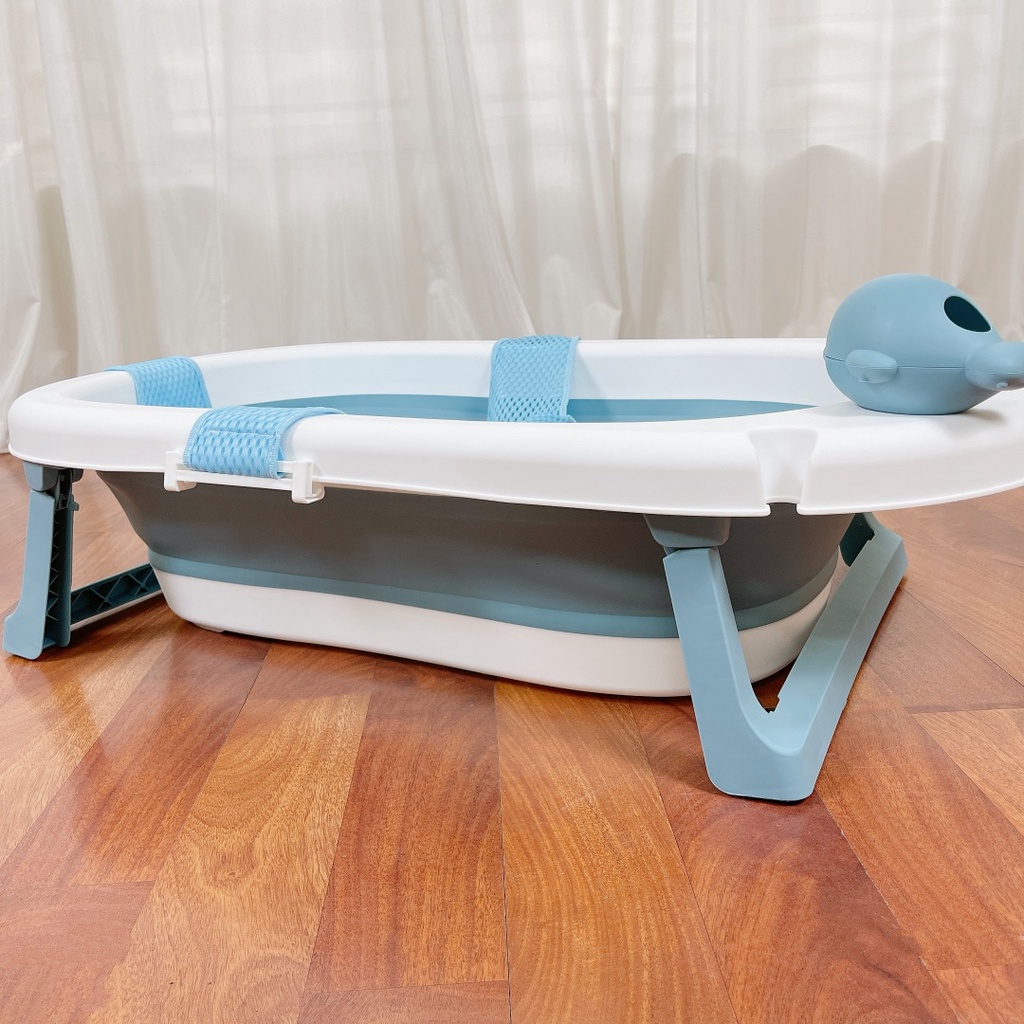 Chậu tắm gấp gọn cao cấp kèm phao/lưới nằm tắm 9BABY màu xanh biển