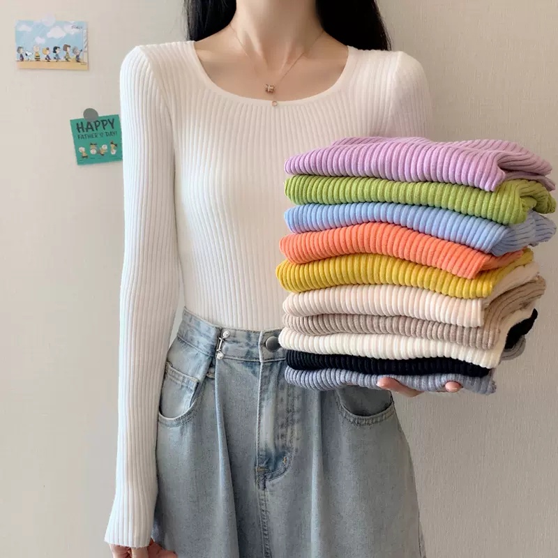 Áo dệt kim ZHELIHANGFEI dài tay cổ vuông ôm dáng linh hoạt cao cấp