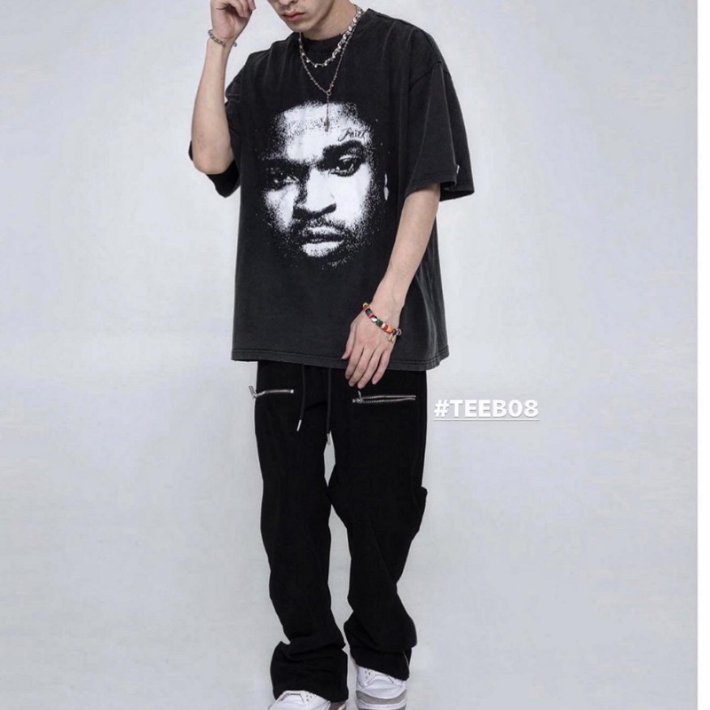 Áo phông denim wash Blackair TravisScott chính hãng hình in nổi xước phong cách Streetwear