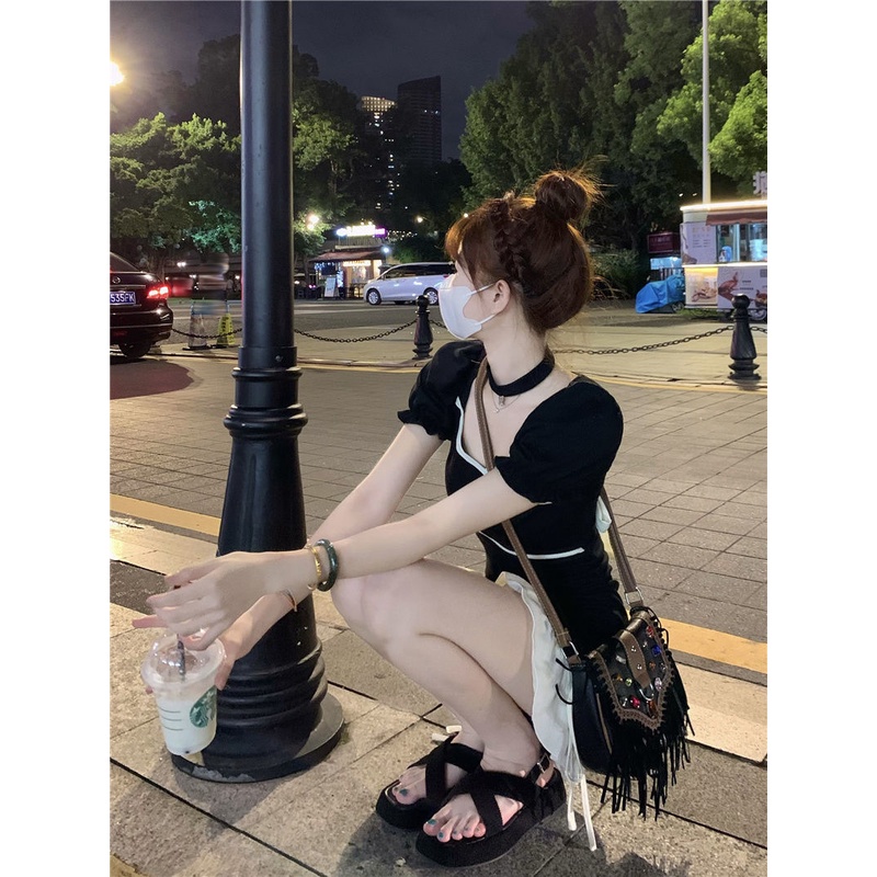 Đầm Tay Ngắn Cổ Vuông Thắt Nơ Thời Trang Mùa Hè Xinh Xắn Cho Nữ