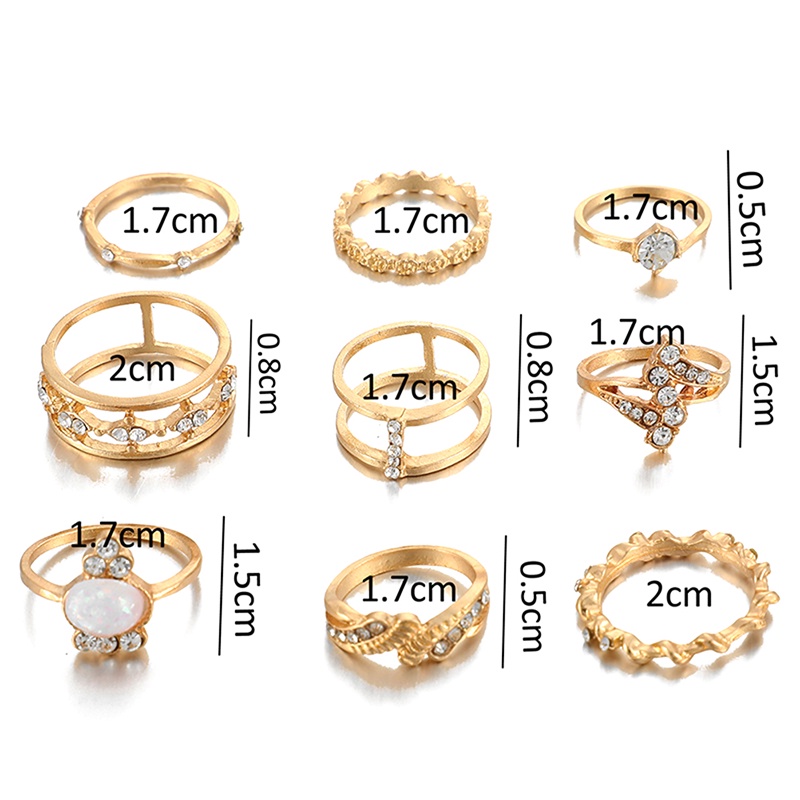 [New Stock] 9pcs/Set Women Boho Vintage Gold Crystal Rings Knuckle Rings Set Charm Jewelry