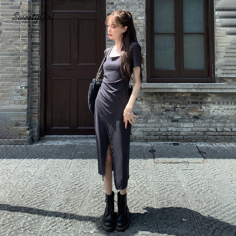 MsMona Đầm Midi Cổ Vuông Tay Ngắn Màu Đen Trơn Thời Trang 2022 Quyến Rũ Cho Nữ