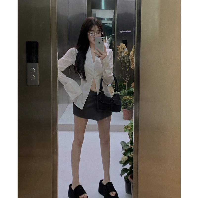 HUANG YOYO Áo Sơ Mi Trắng Tay Dài Cổ Chữ v Khóa Kéo Thời Trang Hàn Quốc Cho Nữ
