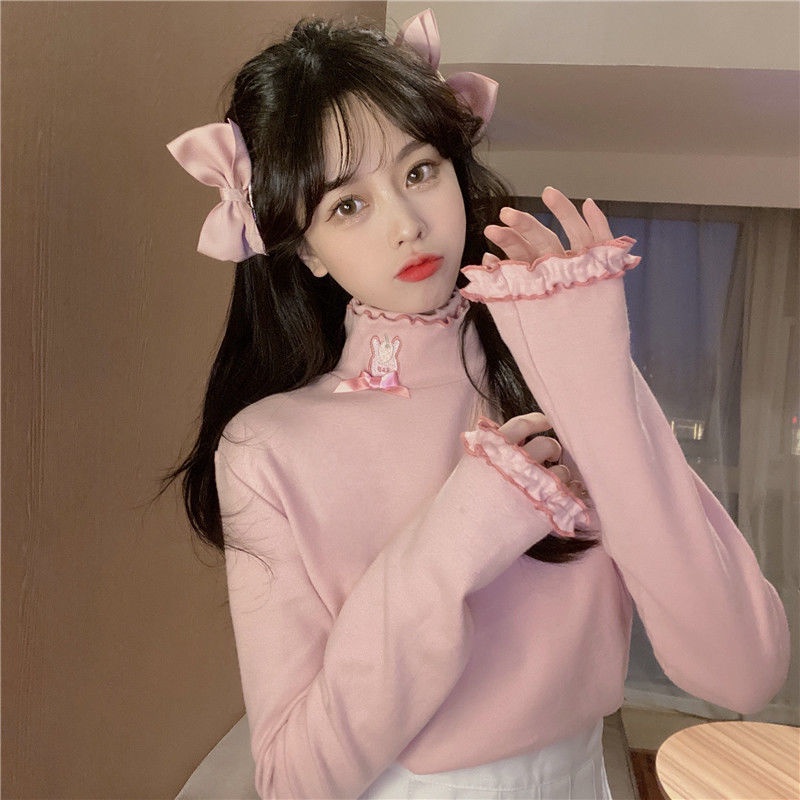 Áo Thun Tay Dài Cổ Cao Phối Lông Đính Nơ Dễ Thương Cho Nữ Sinh