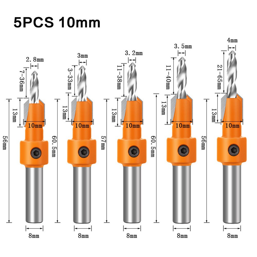 Queen 5PC 10mm Hex Shank HSS Countersink Drill Bit Set Woodworking Screw Tool