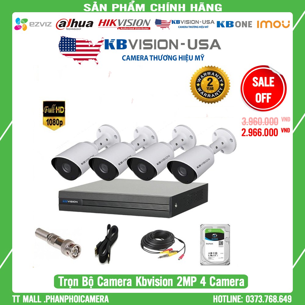 [Giá Hủy Diệt]Trọn bộ 4 camera giám sát KBVISION 2MP kèm HDD 500G +60m dây liền nguồn