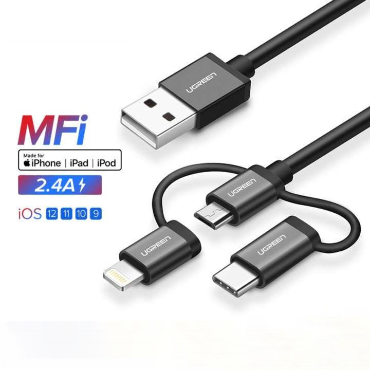 Dây sạc và truyền dữ liệu, dài 0.5-15m UGREEN US186 3 in 1, hỗ trợ cổng Lightning, Micro USB, USB type C