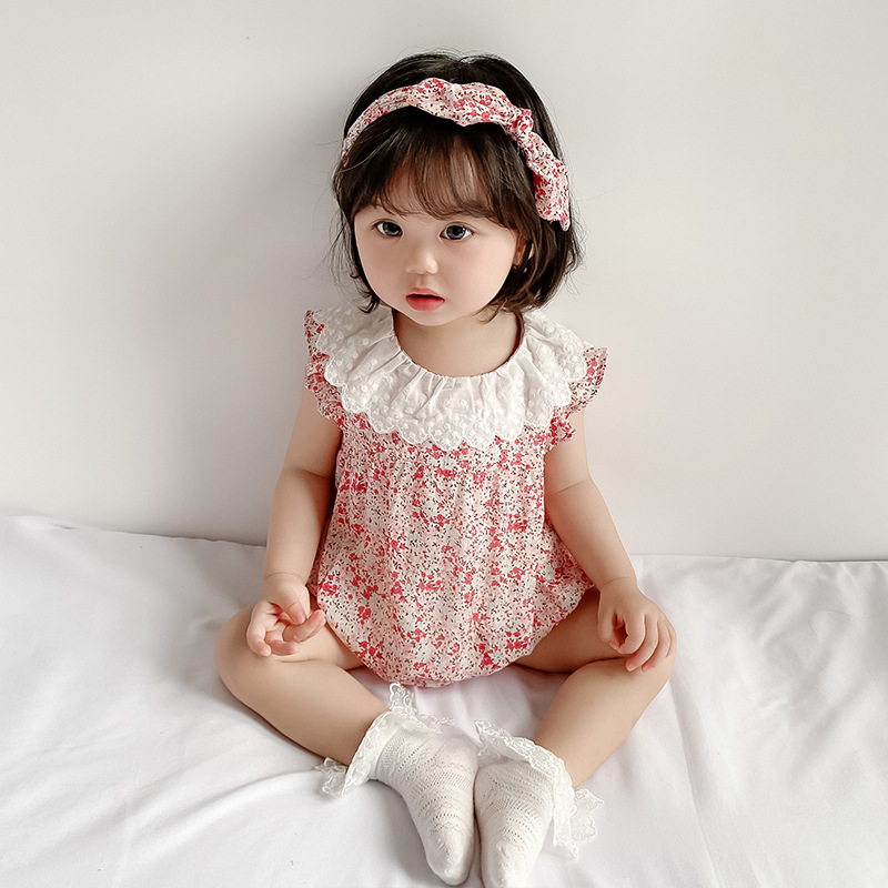 Áo liền quần và băng đô in hoa xinh xắn dễ thương cho bé gái