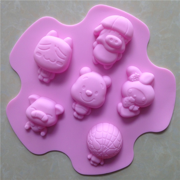 Khuôn silicone 6 Ngăn Làm Nến/Xà Phòng/Bánh Kem Hình Hoạt Hình DIY
