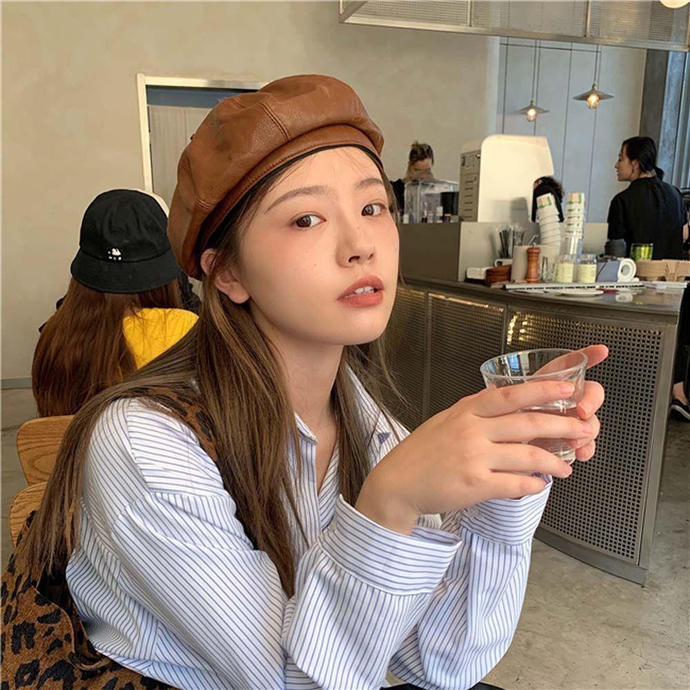 Mũ Beret Da PU Phong Cách Retro Thu Đông Cho Nữ