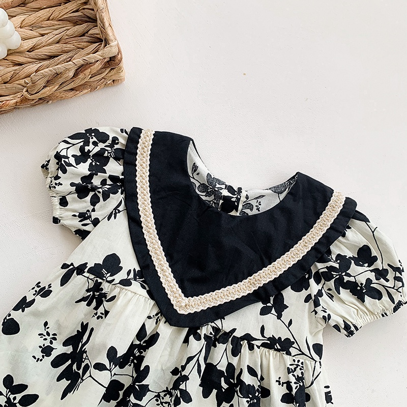 Đầm Công Chúa Tay Ngắn Màu Đen Phối Hoa Thời Trang Mùa Hè Cho Bé Gái