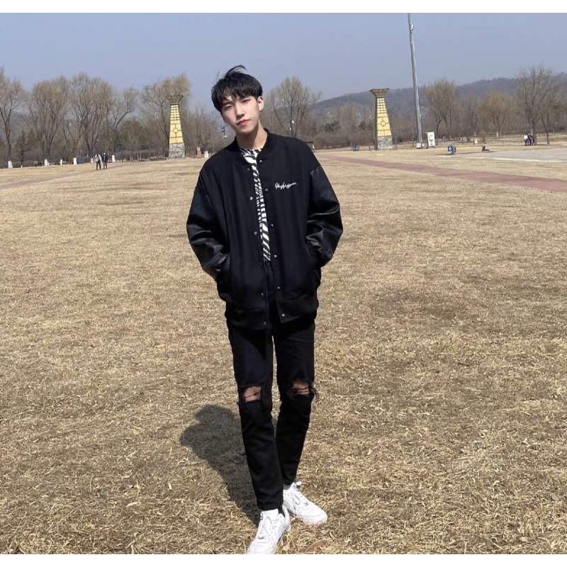 Áo khoác Bomber Jacket Varsity chất dạ tay da đính đá form rộng chuẩn hàng