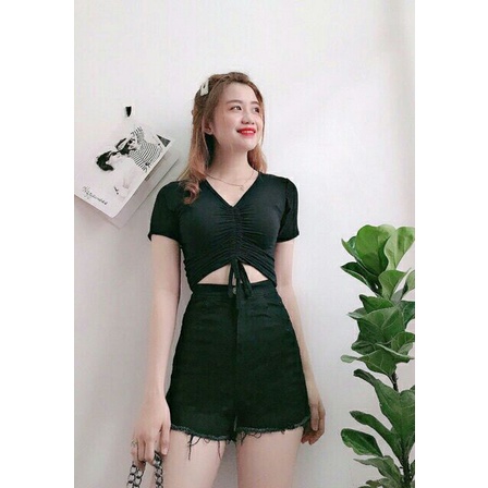 Áo Croptop Nữ Rút Dây Tay Ngắn Ôm Body Chất Tốt, Áo Thun kiểu nữ crt mặc đẹp GUVIA