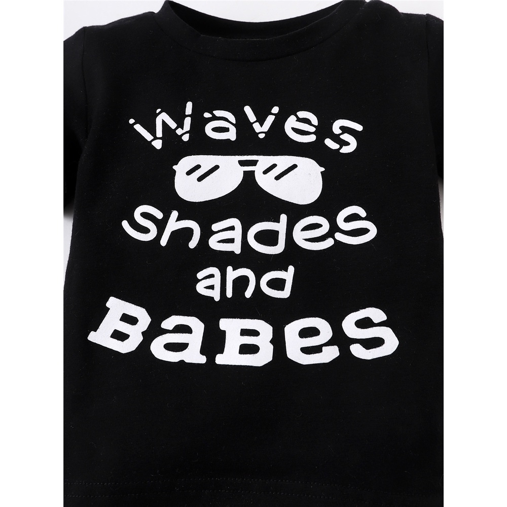 Set Đồ Mùa Hè 2 Món Gồm Áo Thun Tay Cộc In Chữ + Quần Ngắn Denim In Họa Tiết Mắt Kính Cho Bé Trai