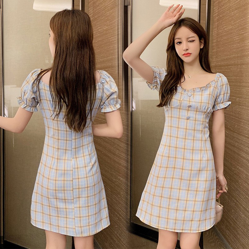 Đầm Caro Tay Phồng Cổ Vuông, Vải Thun Đẹp Mềm Mịn Phong Cách Retro Thời Trang Pháp - D23