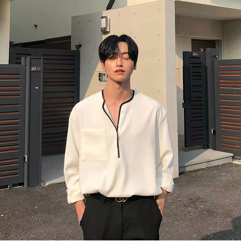 Sơ mi nam Tay Dài form rộng CỔ TRÒN phối viền | BigBuy360 - bigbuy360.vn