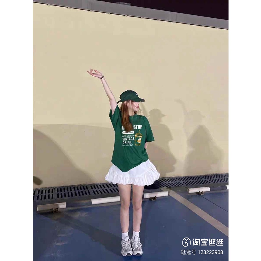 Áo thun tay lỡ DON'T STOP ly CAFE màu xanh trendy mùa hè 2022