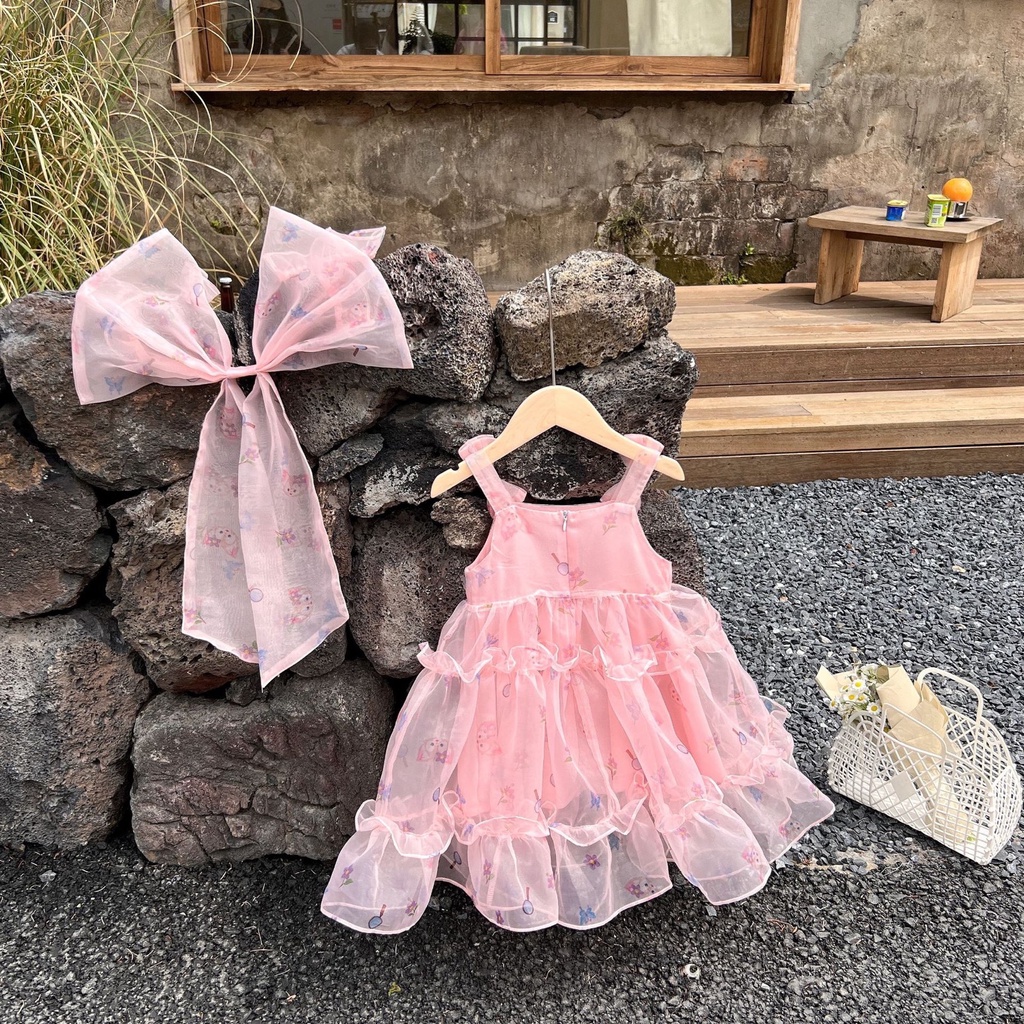 V109 - Váy bé gái voan hồng in hoạ tiết ngộ nghĩnh sz 80-130, váy công chúa cho bé kèm nơ rời