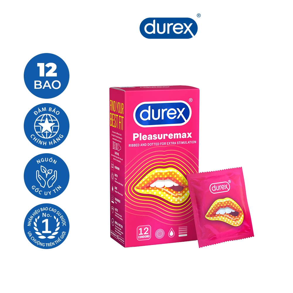 Bao cao su gân gai Durex Pleasuremax 12 bao, gai đều nhiều gel,an toàn + Tặng kèm hộp 3 bao cùng loại.