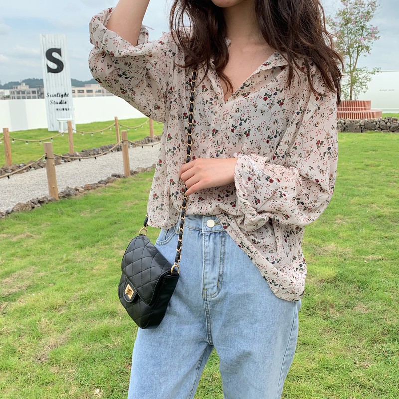 Xiaozhainv Áo voan hoa cổ tim dài tay phong cách Hàn Quốc dành cho nữ | BigBuy360 - bigbuy360.vn