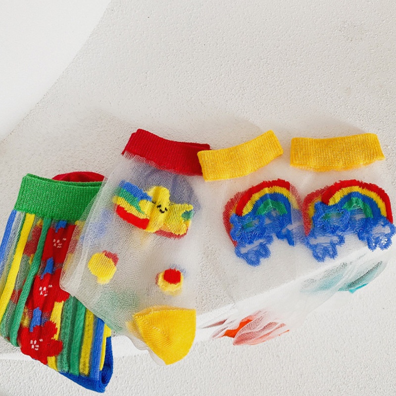 Bộ 3 Đôi Vớ Ren Siêu Mỏng Vô Hình Họa Tiết Cầu Vồng Hoạt Hình Thời Trang Mùa Hè Dành Cho Bé Gái