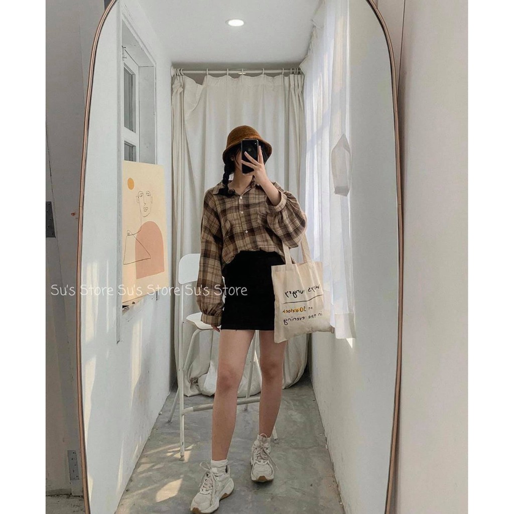 Áo Sơ Mi Nữ - Sơ mi kẻ nâu tay bồng KOREA LE25 | BigBuy360 - bigbuy360.vn