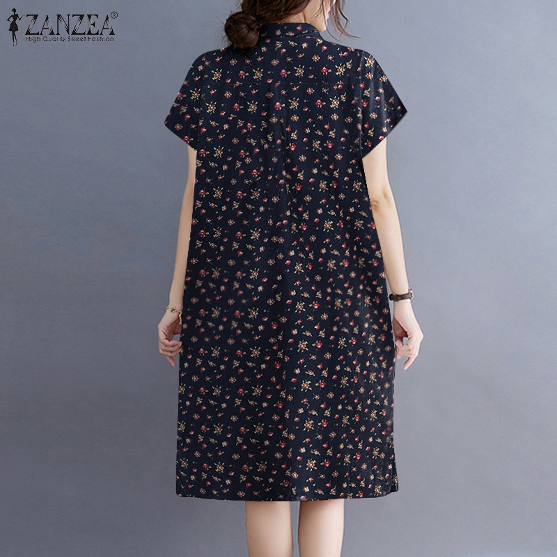 Đầm midi ZANZEA dáng rộng tay ngắn cổ bẻ phong cách cổ điển hợp thời trang | BigBuy360 - bigbuy360.vn