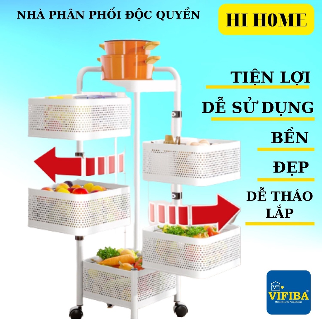 Kệ nhà bếp cao cấp 3 4 5 tầng đa nănG, kệ xoay thép Carbon thông minh có bánh xe TRẮNG, ĐEN Hi Home