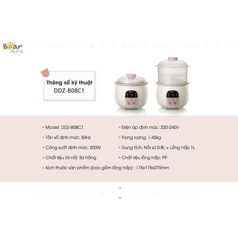 Nồi nấu Cháo, Ninh, Hầm, Hấp cách thủy Bear 0.8L - BẢN QUỐC TẾ BH 1 NĂM