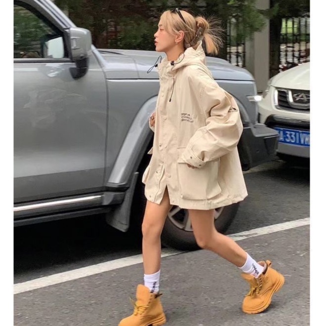 QKOOLE  Áo Khoác Nữ Dài Tay Có Mũ Thời Trang Hàn Quốc