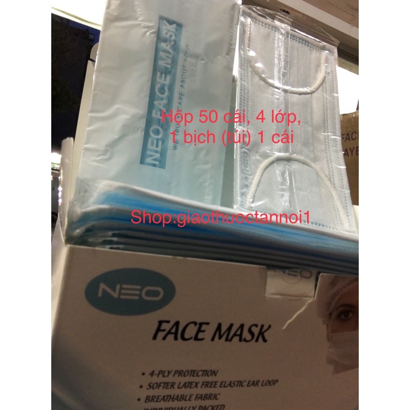 Khẩu trang face mask NEO - hộp 50 cái, 1 bịch (túi ) 1 cái, 4 lớp (sản phẩm do cty cổ phần phát triển Neo sản xuất )