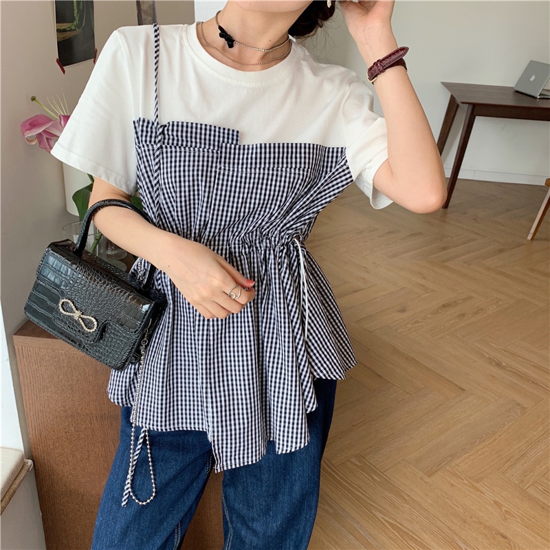 Áo thun tay ngắn cổ tròn in họa tiết sọc caro đơn giản