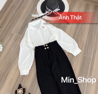 [Video+ Ảnh thật] Set Quần Baggy Cạp Cao Sơ Mi Trắng