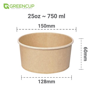 Bát Giấy Green Cup màu nâu (Kraft) 25oz loại 750ml đựng bánh, đồ trộn (50 chiếc kèm nắp)