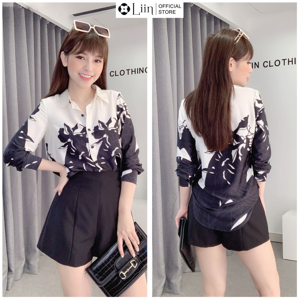 Áo Sơ Mi nữ cao cấp họa tiết Hoa Chân Đen thời trang Liin Clothing SM3015