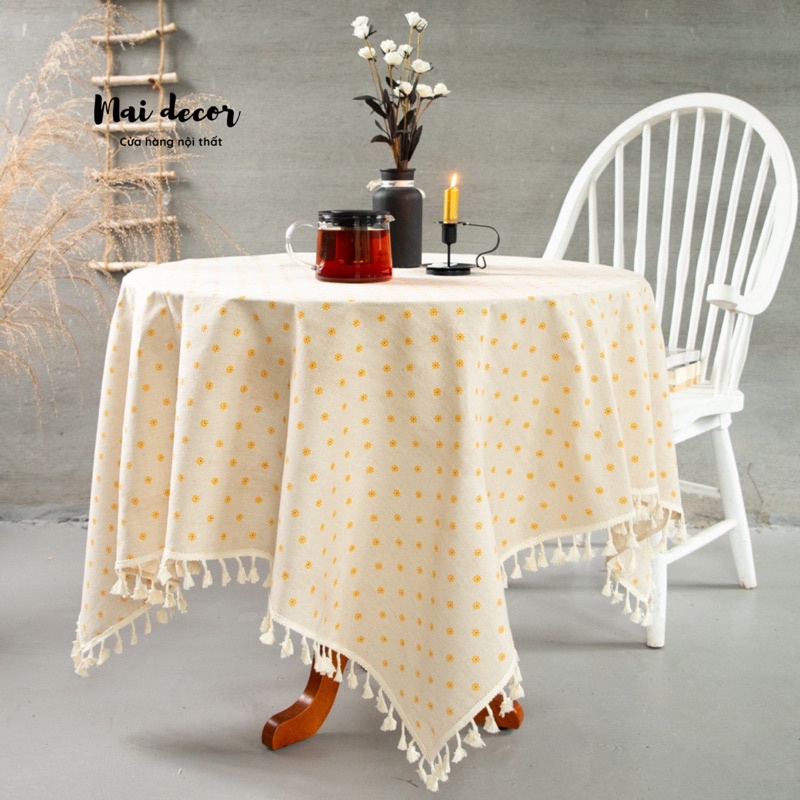 Khăn Trải Bàn Vải Lanh Cotton Hoạ Tiết Hoa Vintage Đủ Màu, Thảm Trải Picnic Có Viền Cạnh