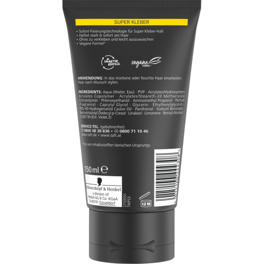 Keo vuốt tóc nam siêu cứng Taft Schwarzkopf Super Kleber 14, keo vuốt tóc nam giữ nếp tóc, 150 ml