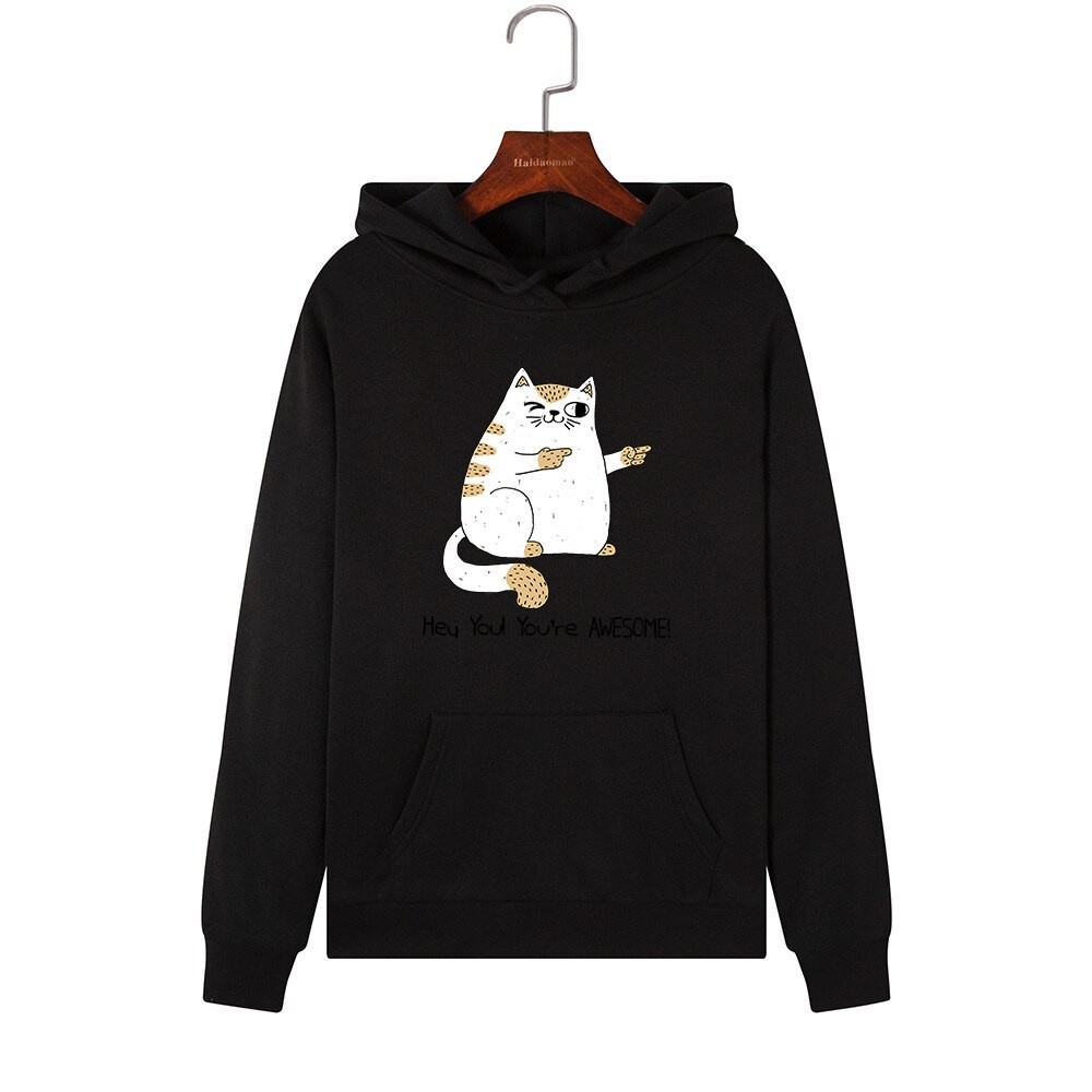 Áo Hoodie Nữ form rộng Cotton Nỉ da cá (Kèm hình thật chất áo có Logo Thương hiệu) Mèo You're AWESOME
