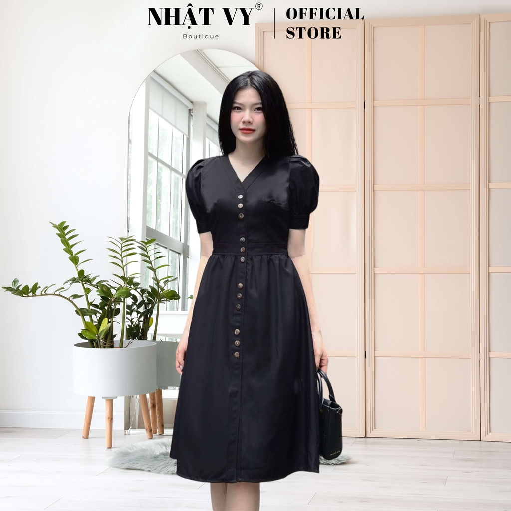 Đầm công sở Nhật Vy dáng ôm cổ V tay phồng đính cúc chất cotton phù hợp đi chơi, dạo phố, cafe sang chảnh - D2486