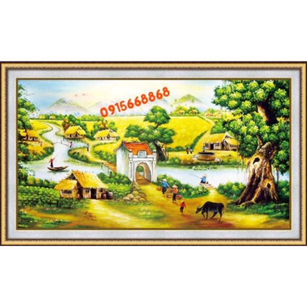 Tranh thêu chữ thập phong cảnh làng quê tuyệt đẹp kt 76cm