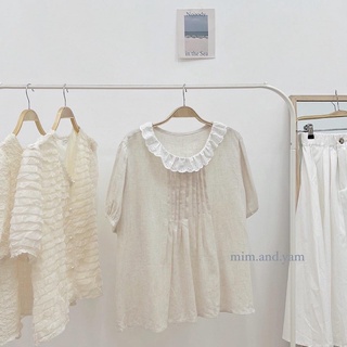 Áo Linen xếp ly ngực cổ ren