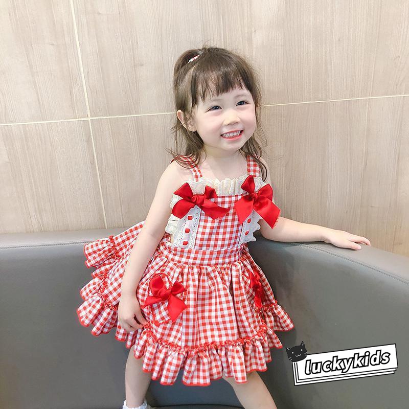 Đầm Công Chúa Hai Dây Họa Tiết Sọc Caro Phối Nơ Phong Cách Lolita Ngọt Ngào Cho Bé Gái