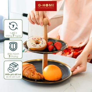 Đĩa sứ trụ gỗ 2 tầng Ghome 2023, đĩa sứ tròn cao cấp trạng trọng bày hoa quả, bánh kẹo ngày tết DIA23 M2
