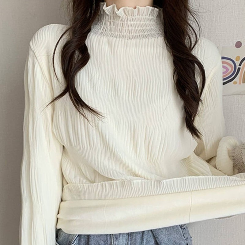Áo sơ mi voan tay dài plus nhung / no nữ phong cách phương tây hàn quốc dày dặn cánh tiên cổ cao nửa đầu