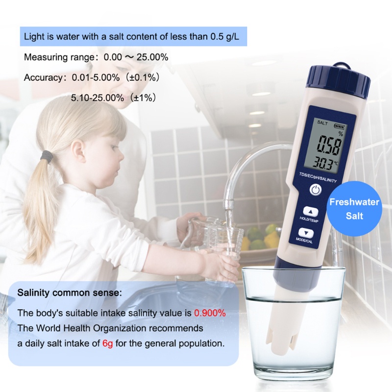 Dụng Cụ Kiểm Tra Chất Lượng Nước 5 Trong 1 TDS / EC / PH / Salinity / Nhiệt Độ