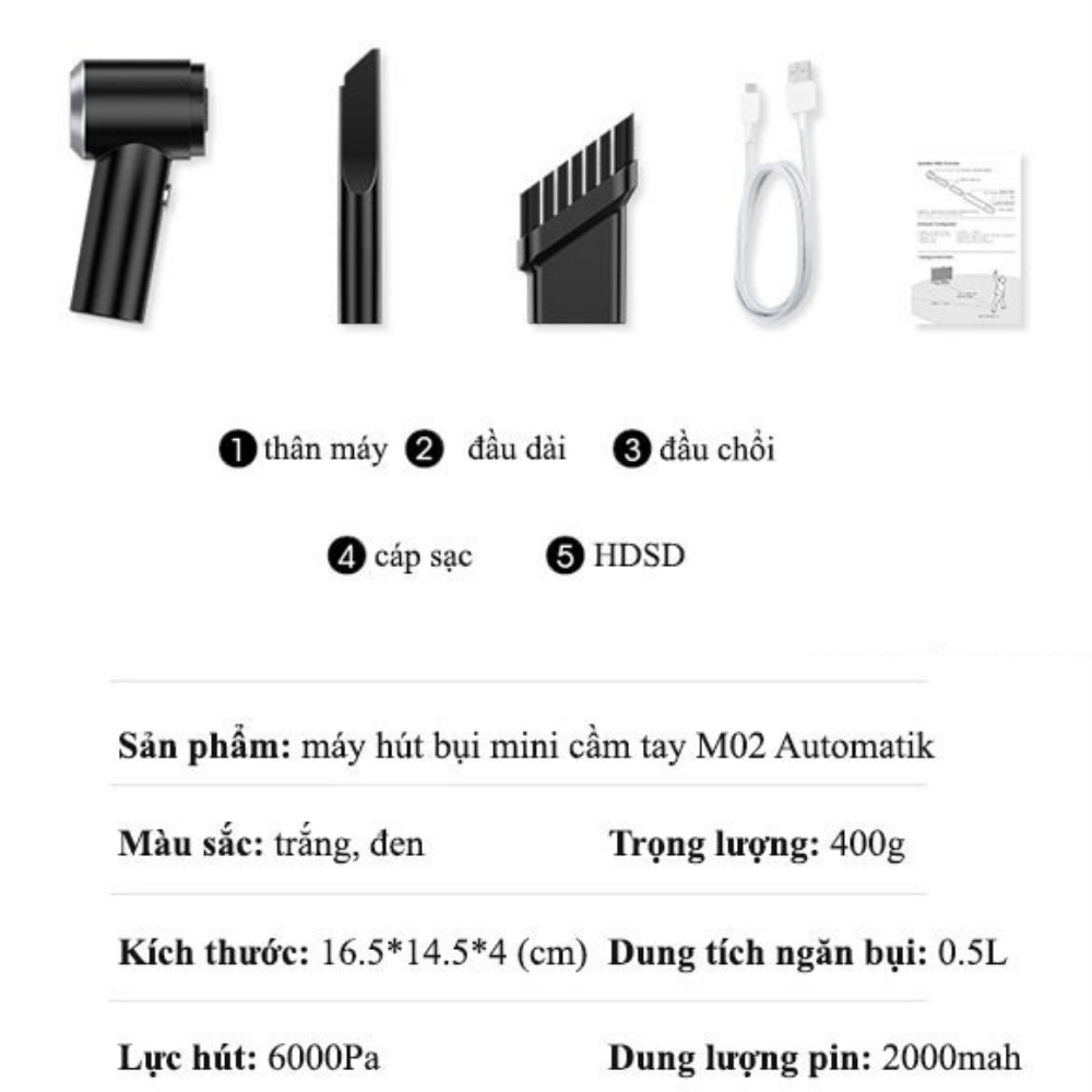 Máy hút bụi mini cầm tay không dây Aikesi M02 - Hút bụi giường nệm ô tô Công suất 120W, lực hút 6000Pa - bảo hành 12T