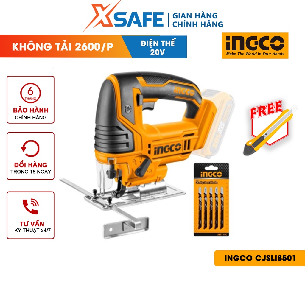 Máy cưa lọng dùng pin INGCO CJSLI8501 20V không tải 0-2600/ph, kèm 5 lưỡi cưa lọng, không kèm pin sạc