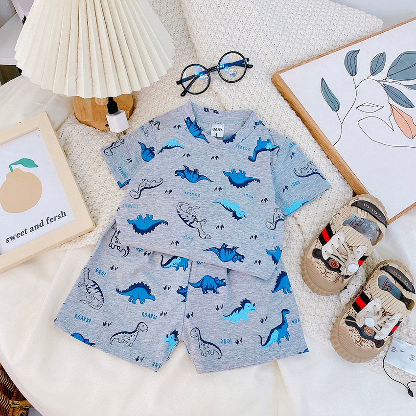 Bộ Quần Áo Trẻ Em Cộc Tay In Nhiều Hình Khủng Long Vải Cotton Thấm Mồ Hôi Cho Bé Trai Từ 7-19kg Mã CT54