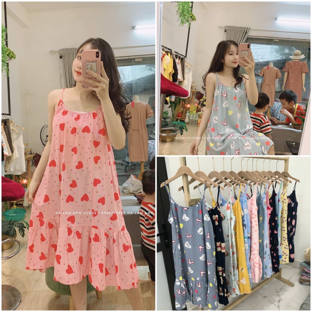 Váy ngủ 2 dây lanh thái siêu mát, đầm tôn mặc nhà