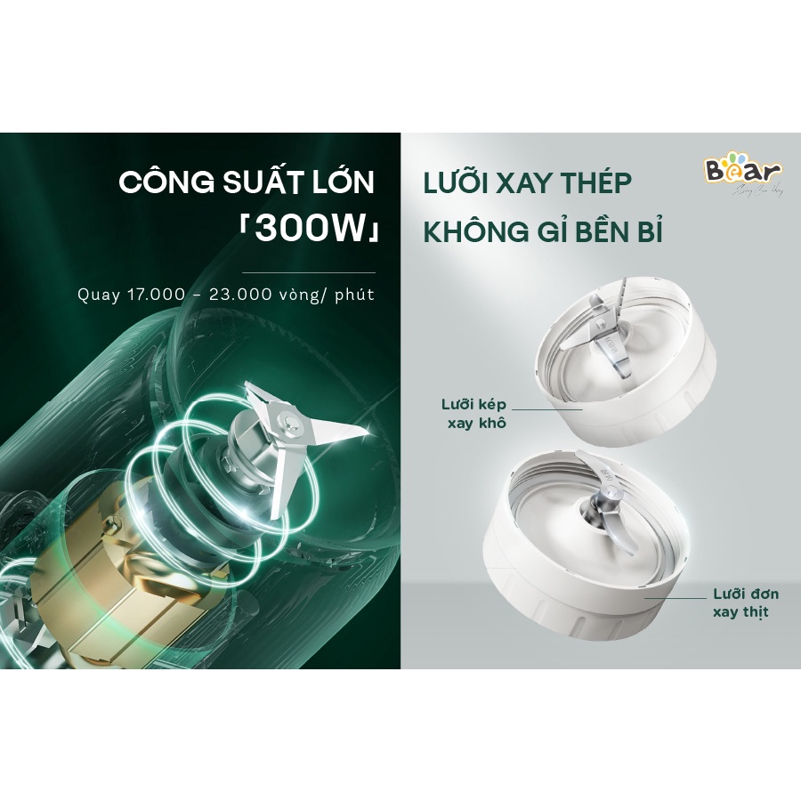 Máy xay 3 cối Bear LLJ-C10P1 có thể xay tất cả các loại thực phẩm, lưỡi dao thép không gỉ, công suất siêu khoẻ300W